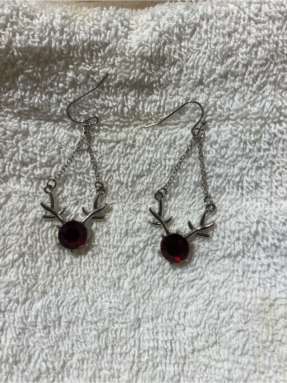 Silver Reindeer Drop Earrings with Deep Red Gemstones (RR)